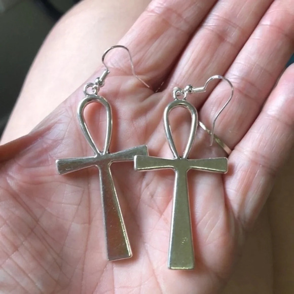 Large Silver Cross Ankh Drop Earrings NWT - Picture 1 of 3